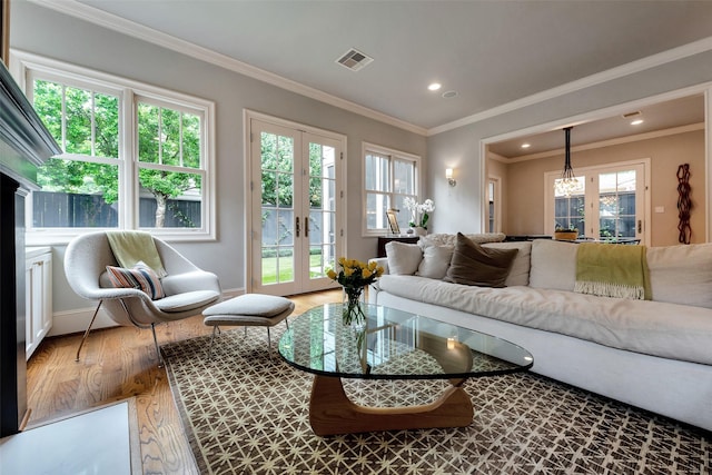 4020 Sul Ross St, Houston, TX 77027 - living room with visible vents, french doors, an inviting chandelier, recessed lighting, and wood finished floors