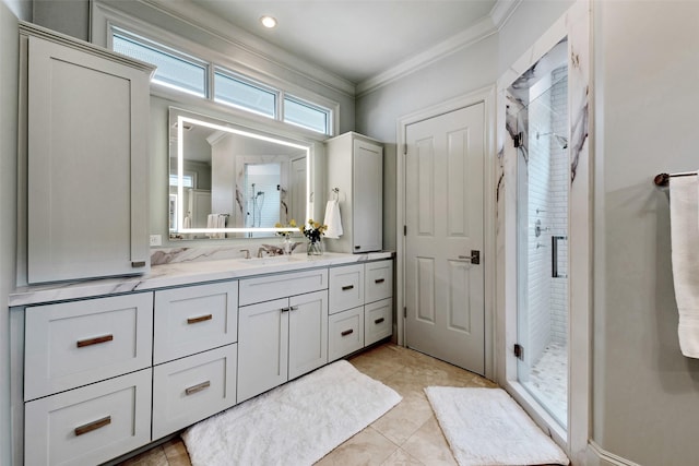 4020 Sul Ross St, Houston, TX 77027 - bathroom featuring vanity, ornamental molding, and a stall shower