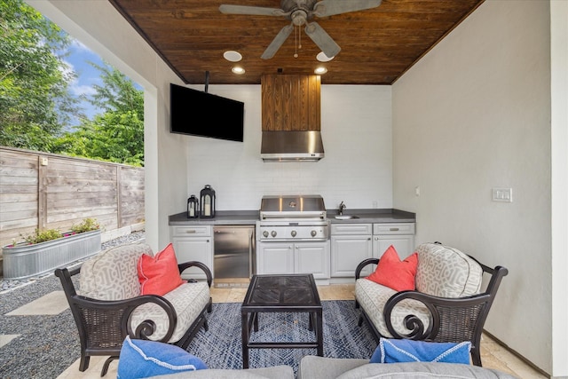 view of patio / terrace featuring grilling area, a ceiling fan, exterior kitchen, fence, and an outdoor hangout area