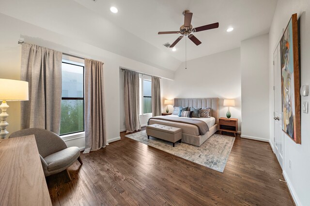 bedroom featuring visible vents, wood finished floors, baseboards, recessed lighting, and vaulted ceiling