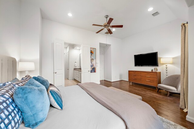 bedroom featuring visible vents, wood finished floors, ensuite bathroom, ceiling fan, and recessed lighting