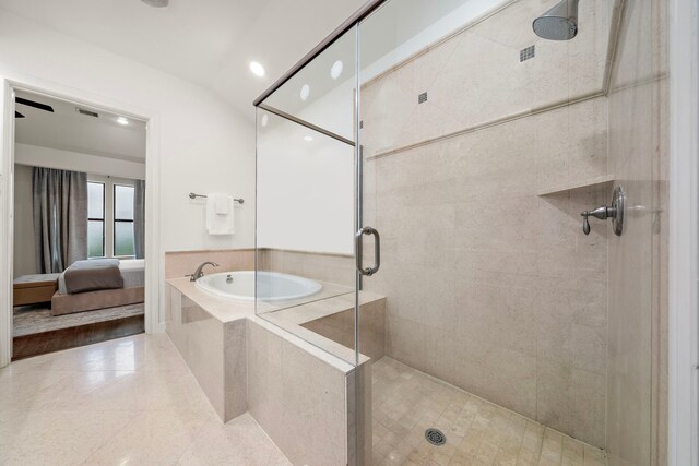 ensuite bathroom with a bath, visible vents, a stall shower, ensuite bathroom, and recessed lighting