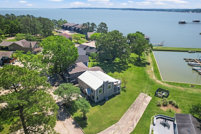 drone / aerial view featuring a water view