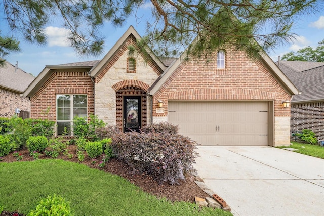 view of front of property with driveway, stone siding, an attached garage, and brick siding