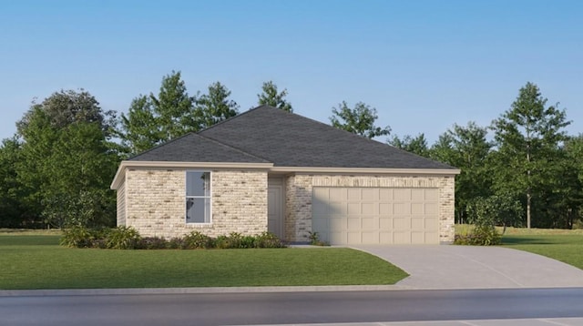 view of front of property with a front yard, driveway, a garage, and brick siding