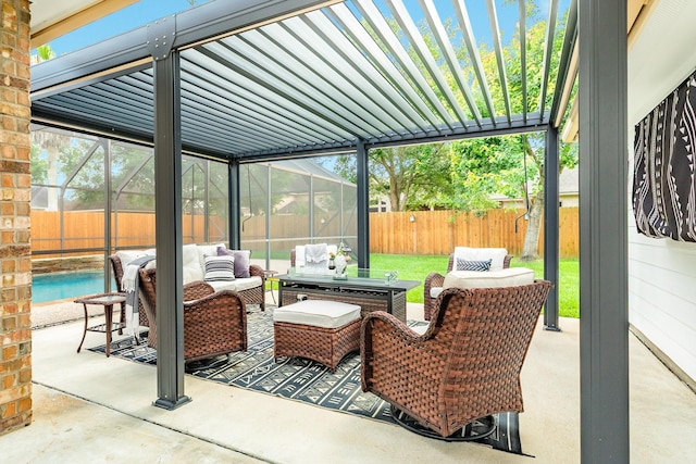 view of patio / terrace featuring an outdoor hangout area, a fenced in pool, and a fenced backyard