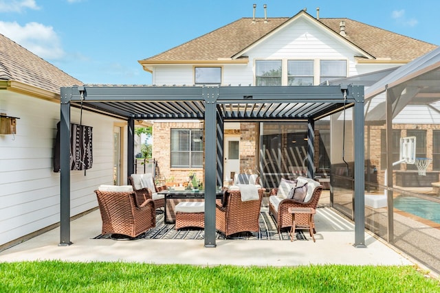 back of property featuring a patio, roof with shingles, a pergola, an outdoor living space, and brick siding