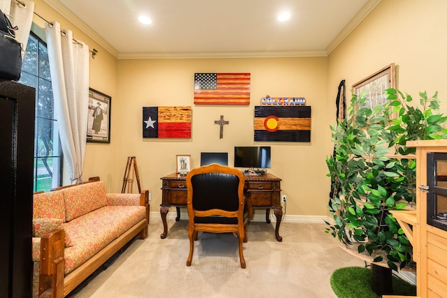 office featuring crown molding, baseboards, recessed lighting, and carpet floors