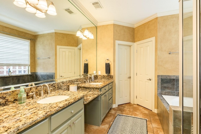 bathroom with vanity, visible vents, and a chandelier