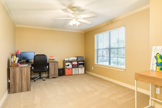 office featuring ceiling fan, baseboards, ornamental molding, and light carpet