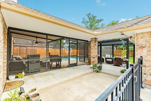 view of patio with a grill, an outdoor hangout area, a fenced backyard, and a fenced in pool