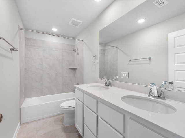 21711 White Bellflower Ln, Cypress, TX 77433 - bathroom with bathtub / shower combination, double vanity, tile patterned flooring, and recessed lighting
