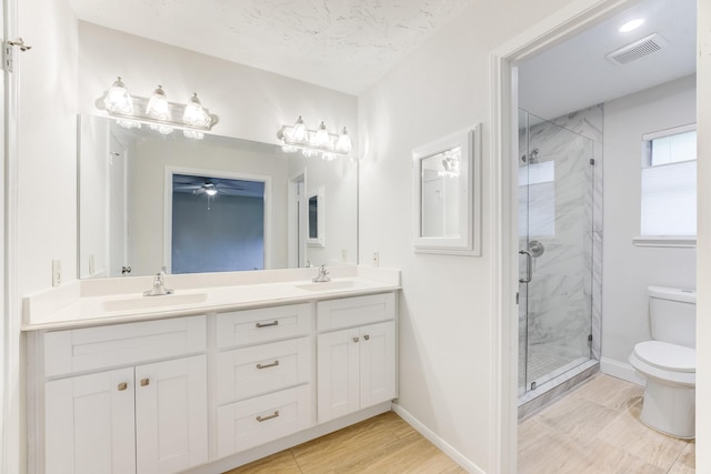 bathroom with toilet, a marble finish shower, and a sink