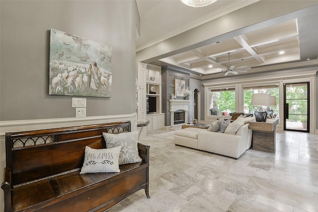 living area featuring crown molding, a fireplace, coffered ceiling, and beam ceiling