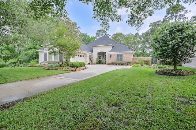 view of front of property with concrete driveway, brick siding, an attached garage, and a front yard