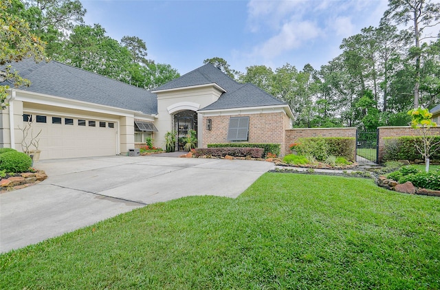 single story home featuring a garage, a front lawn, a gate, a shingled roof, and concrete driveway