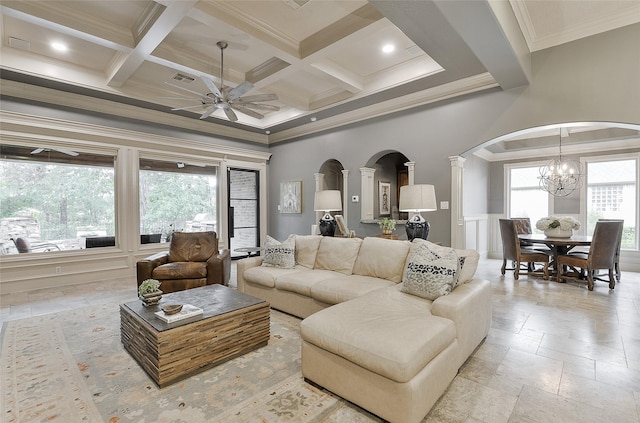 1330 Royal Sands Ln, Houston, TX 77345 - living room featuring ceiling fan, stone tile floors, decorative columns, coffered ceiling, and arched walkways