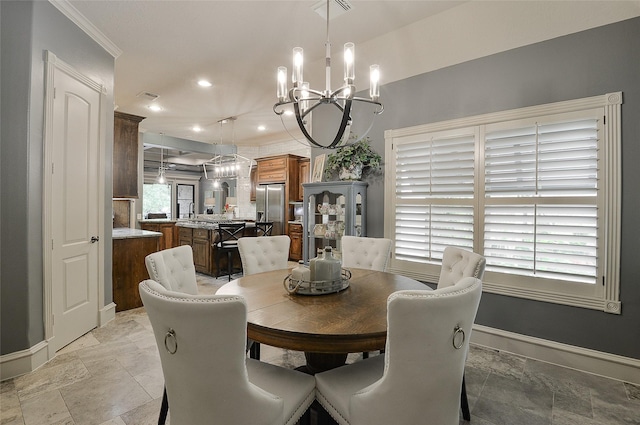 dining room with crown molding, a chandelier, recessed lighting, baseboards, and visible vents