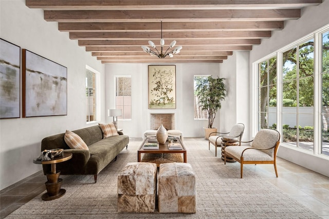 2525 Inwood Dr, Houston, TX 77019 - living area with beamed ceiling and a chandelier