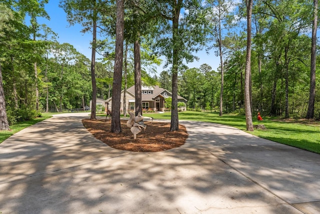 surrounding community with a lawn and curved driveway