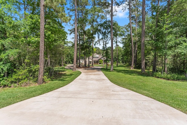 surrounding community with concrete driveway and a yard