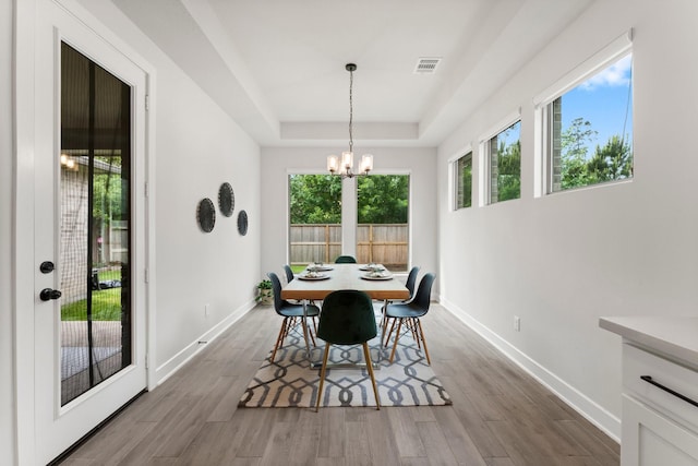 dining area featuring a tray ceiling, visible vents, a wealth of natural light, and baseboards