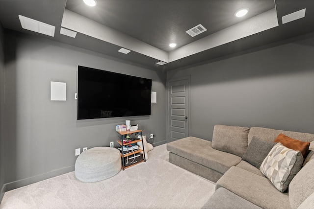 living room featuring visible vents, recessed lighting, baseboards, and carpet floors