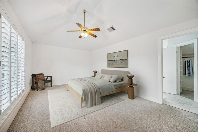 242 Knox St, Houston, TX 77007 - bedroom with lofted ceiling, visible vents, baseboards, carpet floors, and a ceiling fan