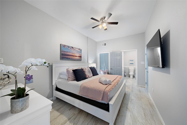 1101 Moody Ave, Galveston, TX 77550 - bedroom featuring baseboards, visible vents, a ceiling fan, and ensuite bath
