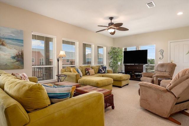 138 Verdia Dr, Crystal Beach, TX 77650 - living area with visible vents, a ceiling fan, light colored carpet, and recessed lighting