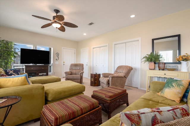 138 Verdia Dr, Crystal Beach, TX 77650 - living room with recessed lighting, visible vents, ceiling fan, and light carpet
