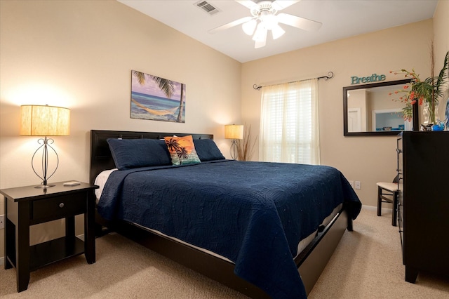 138 Verdia Dr, Crystal Beach, TX 77650 - bedroom with a ceiling fan, visible vents, carpet floors, and baseboards