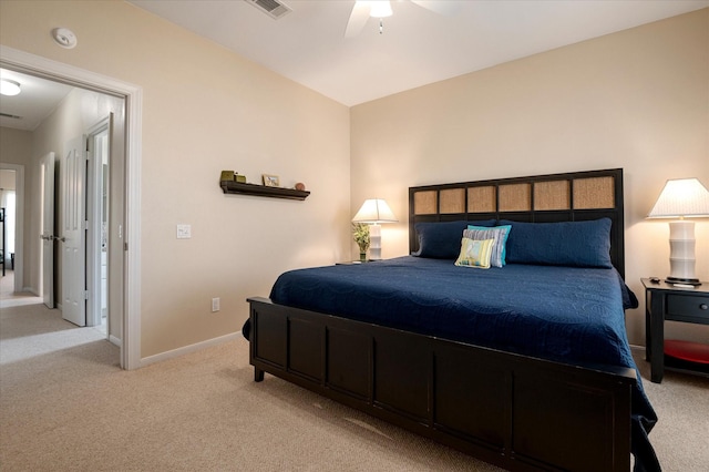 138 Verdia Dr, Crystal Beach, TX 77650 - bedroom with baseboards, visible vents, light carpet, and ceiling fan