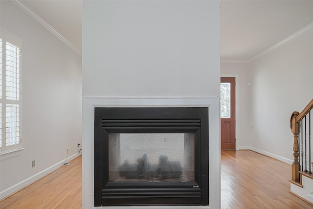 details featuring baseboards, a multi sided fireplace, ornamental molding, and wood finished floors