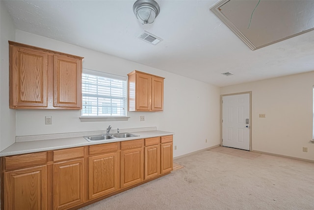 kitchen featuring visible vents, light countertops, light colored carpet, and a sink