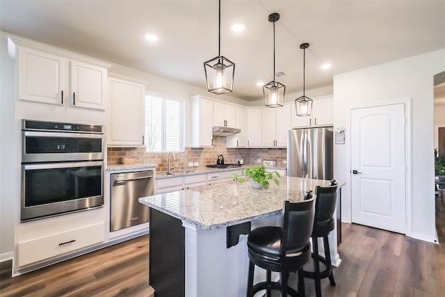 kitchen featuring a sink, dark wood-style flooring, stainless steel appliances, under cabinet range hood, and white cabinetry