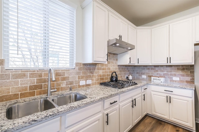 kitchen with white cabinets, tasteful backsplash, under cabinet range hood, and a sink