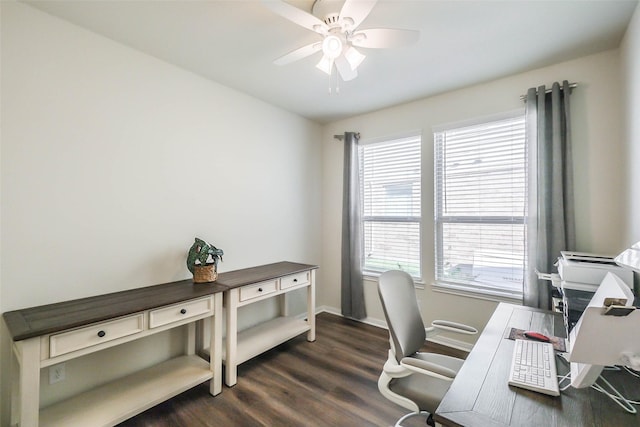 office space with baseboards, ceiling fan, and dark wood-style flooring