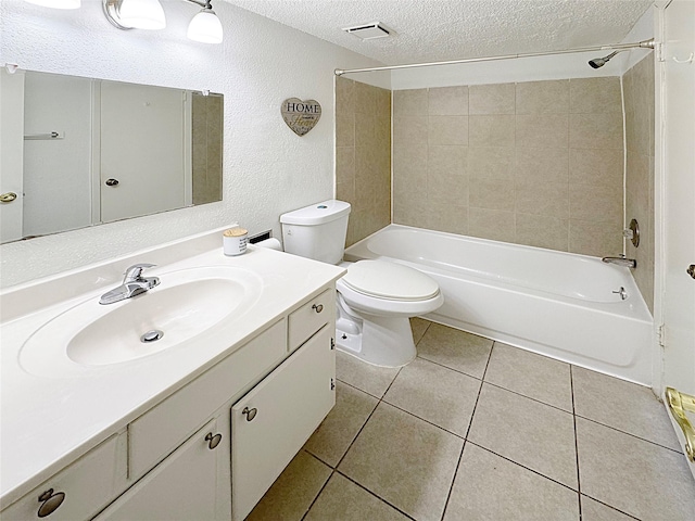 full bath featuring vanity, toilet, a textured wall, bathtub / shower combination, and a textured ceiling