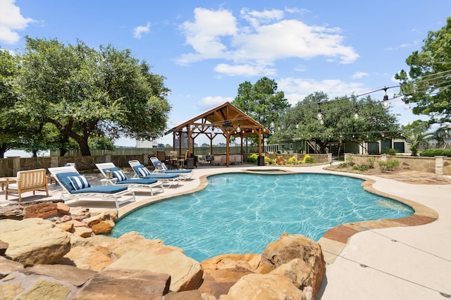 11008 Hillside Dr, Willis, TX 77318 - view of swimming pool with a patio, a gazebo, fence, and a fenced in pool