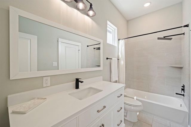 full bath featuring recessed lighting, shower / bathtub combination with curtain, vanity, toilet, and tile patterned flooring