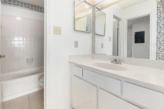 full bath featuring vanity, toilet, and tile patterned flooring