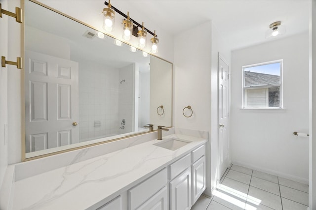 full bathroom with tile patterned floors, visible vents, vanity, and baseboards