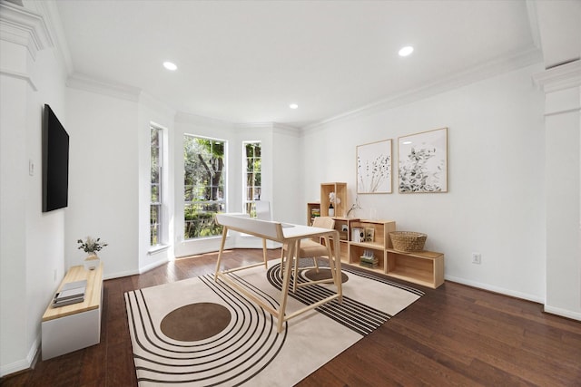 office with wood finished floors, crown molding, recessed lighting, and baseboards