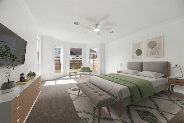 bedroom with crown molding, a ceiling fan, visible vents, and light colored carpet