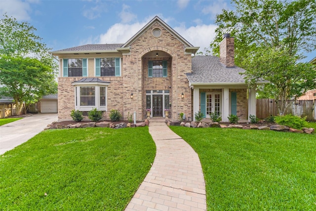 traditional-style home with brick siding, fence, a chimney, and a front yard