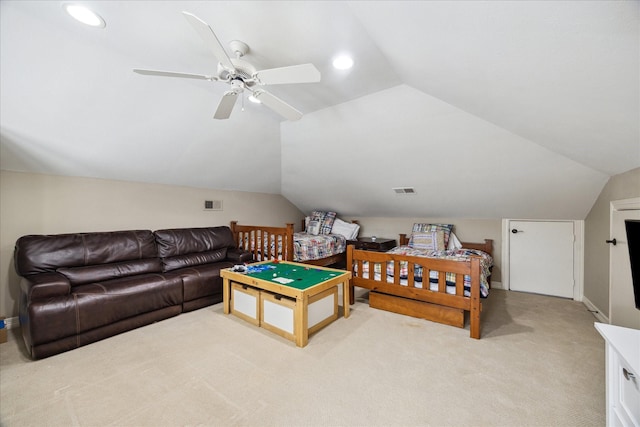 carpeted bedroom with recessed lighting, baseboards, visible vents, and vaulted ceiling