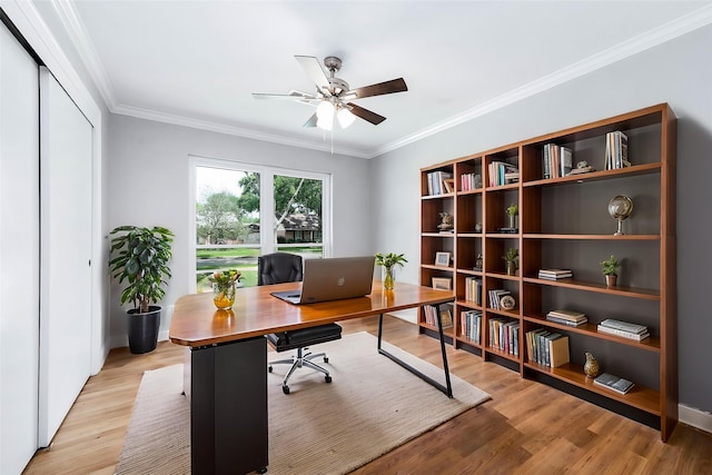 5807 Dumfries Dr, Houston, TX 77096 - office featuring ornamental molding, light wood finished floors, and ceiling fan