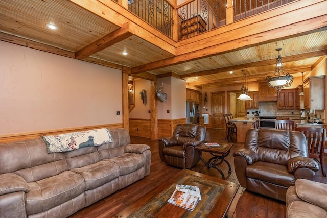 living room featuring beamed ceiling, a wainscoted wall, dark wood-type flooring, and wood ceiling