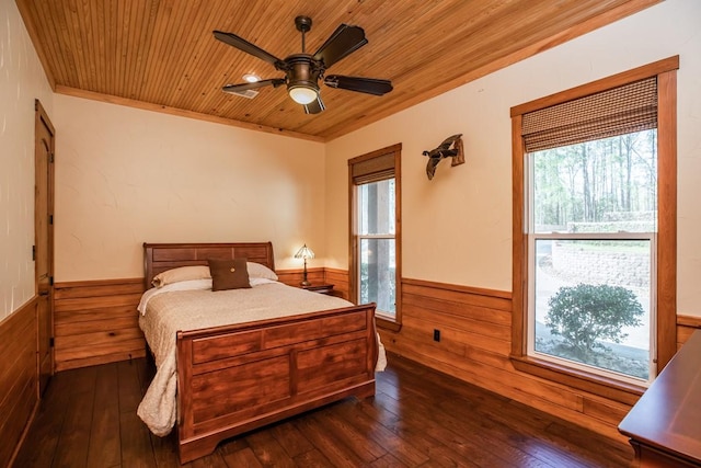 bedroom with wainscoting, wood walls, and wooden ceiling